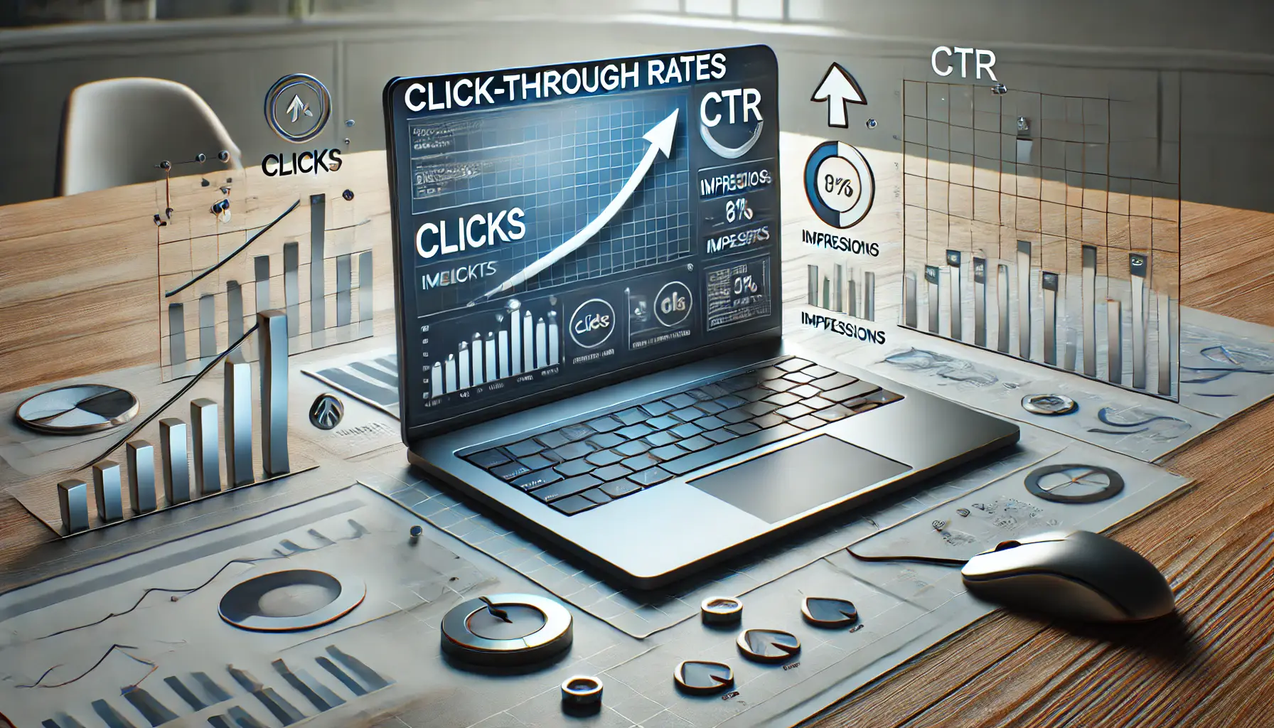 A realistic image of a laptop screen displaying an analytical dashboard with click-through rate metrics, surrounded by engagement icons and upward arrows.