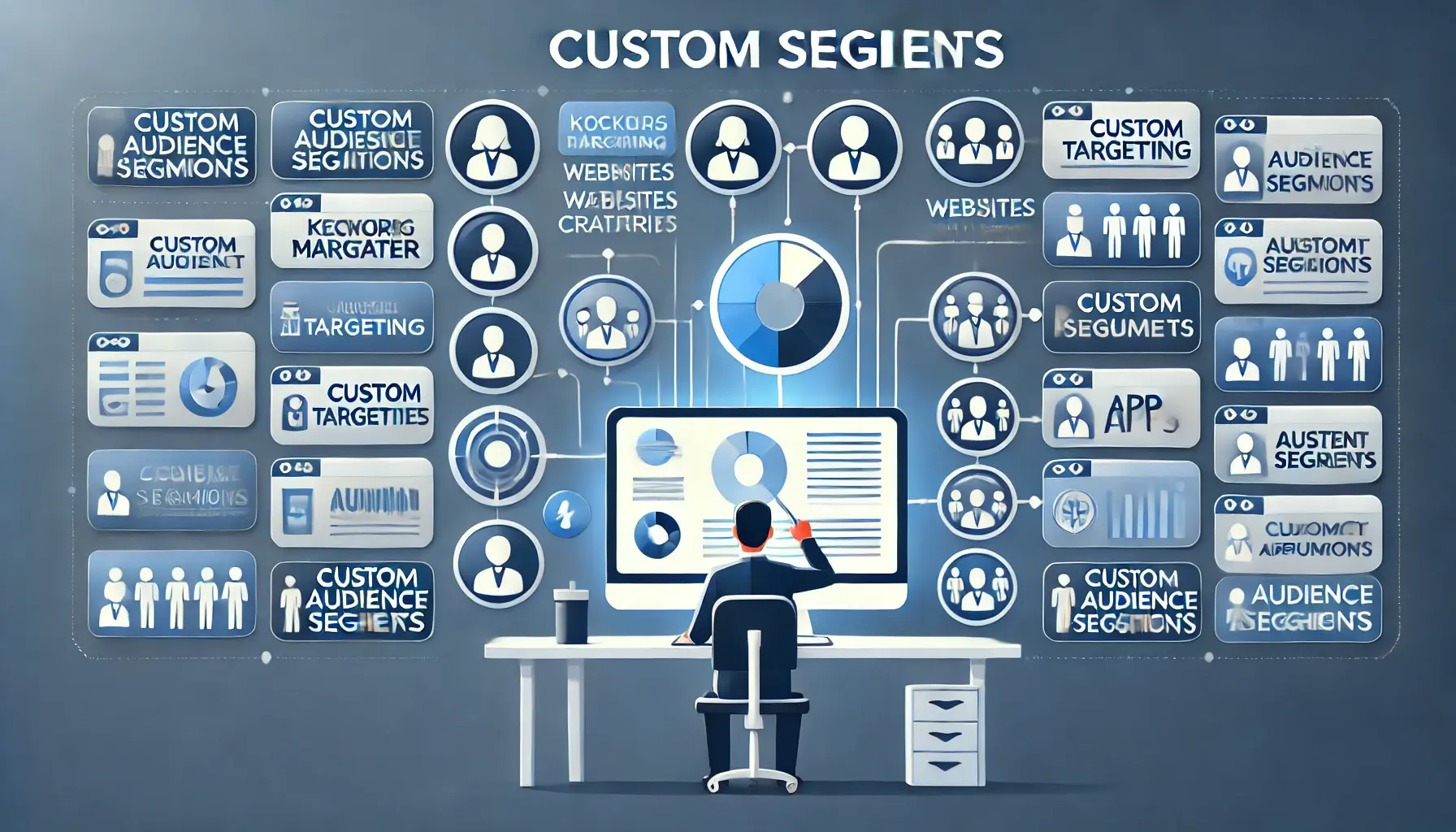 An image depicting the concept of custom segments in digital marketing, with a marketer selecting targeting criteria like keywords, websites, or apps, and creating distinct audience groups.