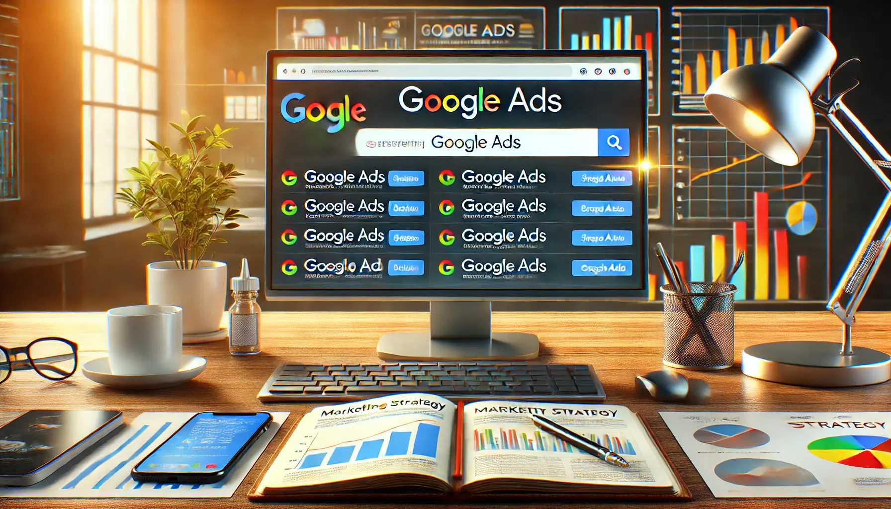 A desktop monitor displaying a search engine results page with highlighted ad listings, surrounded by marketing tools like a notebook, smartphone, and analytics charts on a modern desk.