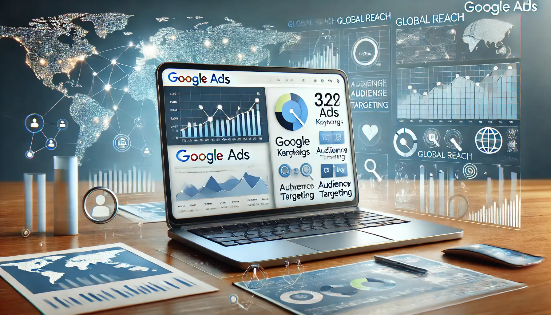 A digital interface showing a Google Ads dashboard with analytics, campaign metrics, and global reach elements.