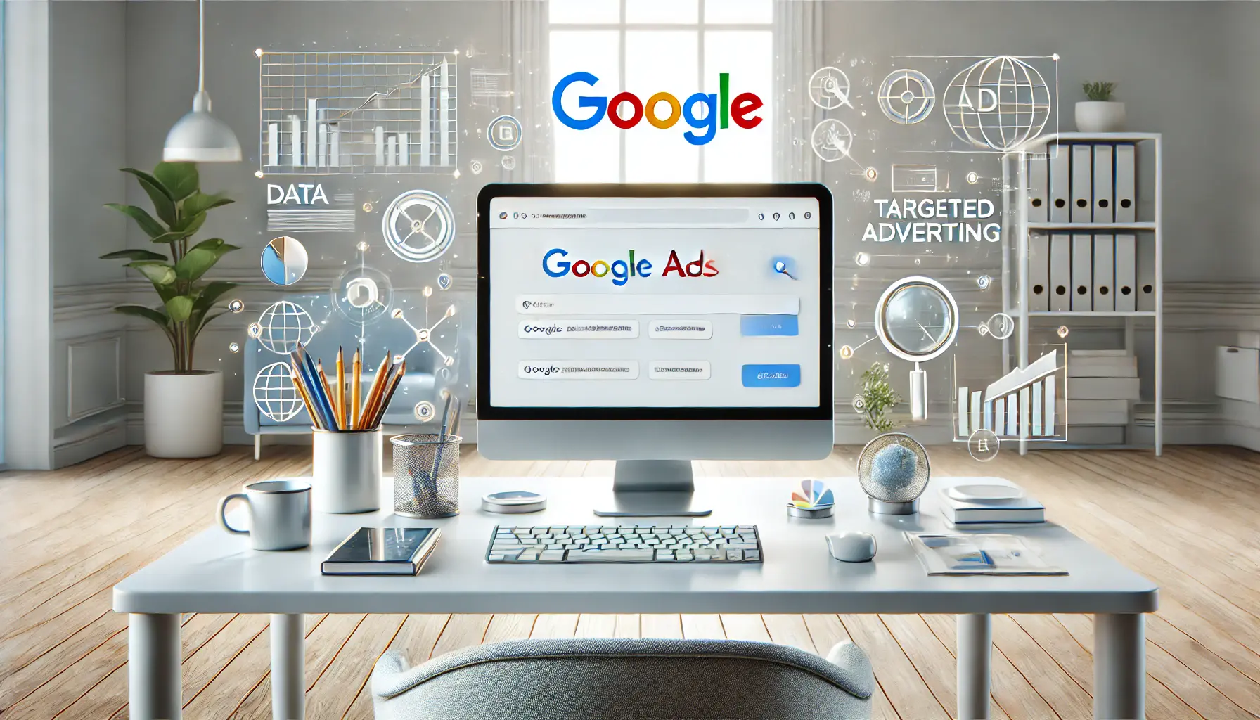 A professional desk setup featuring a computer screen displaying Google search results with highlighted ad placements and surrounding icons of digital marketing tools.