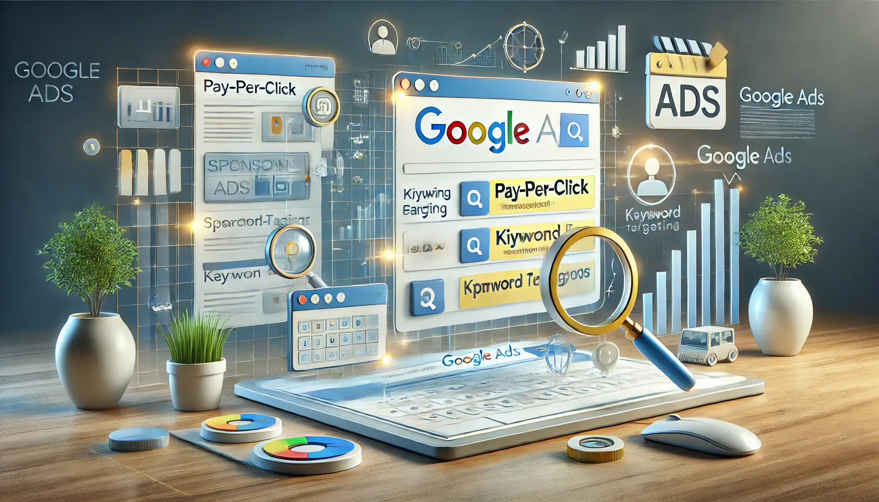 A conceptual illustration of Google Ads functionality with a search results page, sponsored ads, and icons representing pay-per-click and bidding.