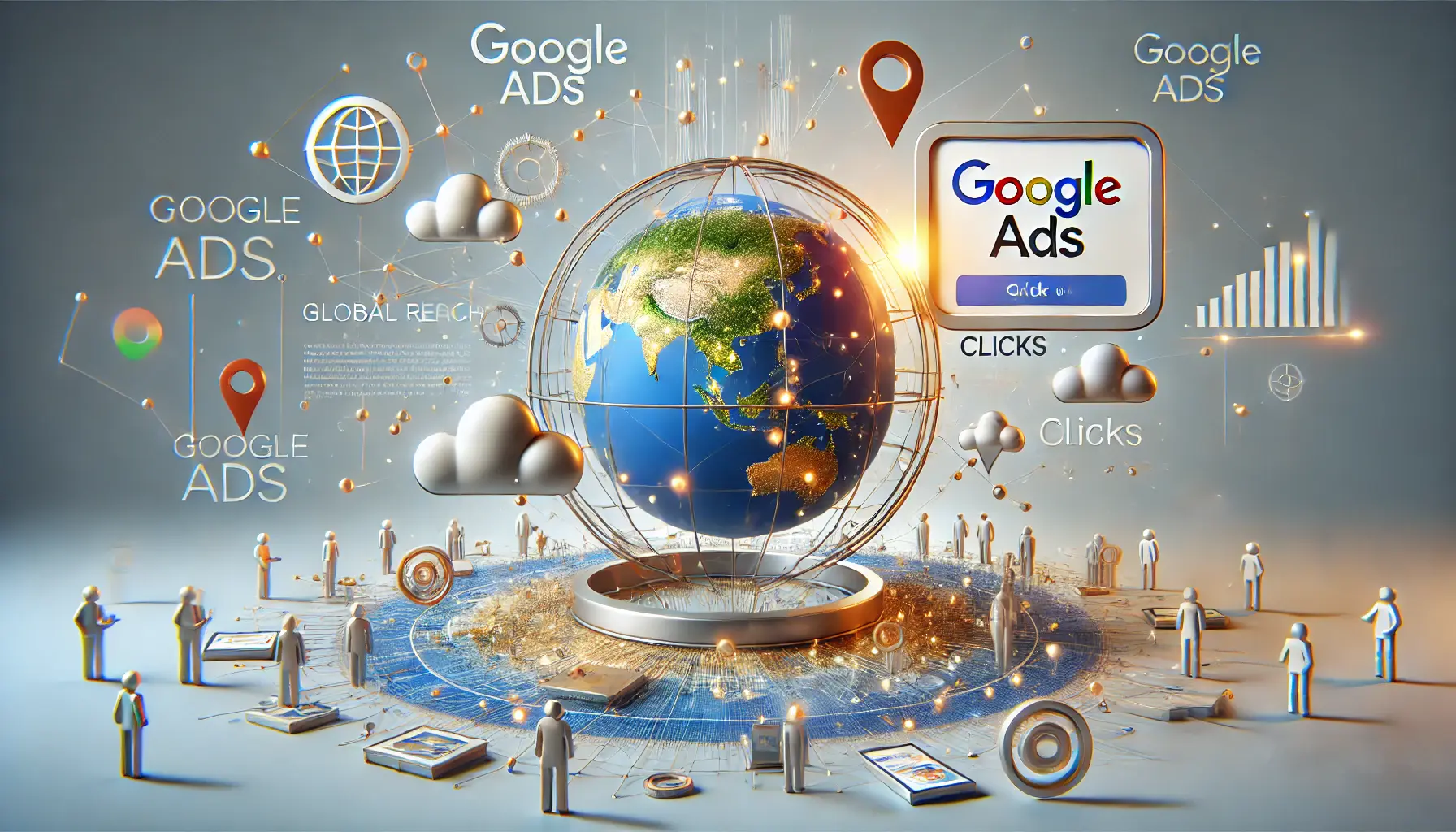 A conceptual illustration of Google Ads featuring a globe with interconnected nodes, a digital ad on a screen, and abstract engagement icons.