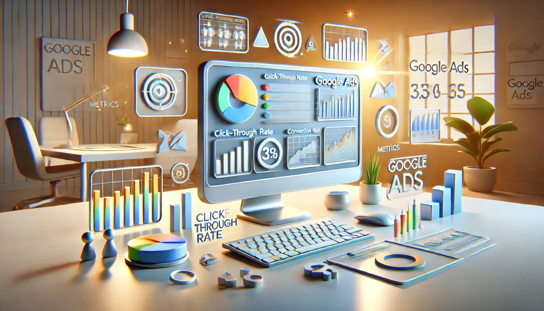 A digital marketing workspace featuring a desktop screen with analytics dashboards, abstract icons representing metrics like click-through rate, conversion rate, and cost-per-click.