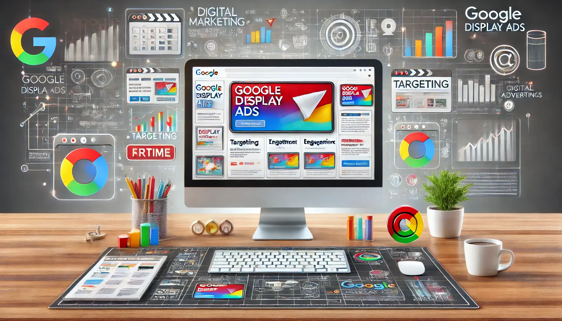 A digital workspace displaying colorful ad banners on a computer screen with surrounding icons for targeting, engagement, and analytics.