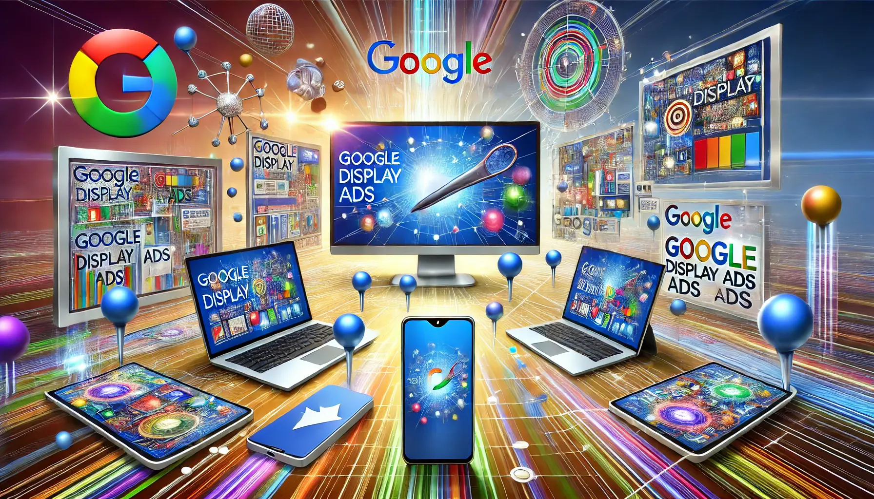 Illustration showcasing the concept of Google Display Ads with devices displaying colorful banners.