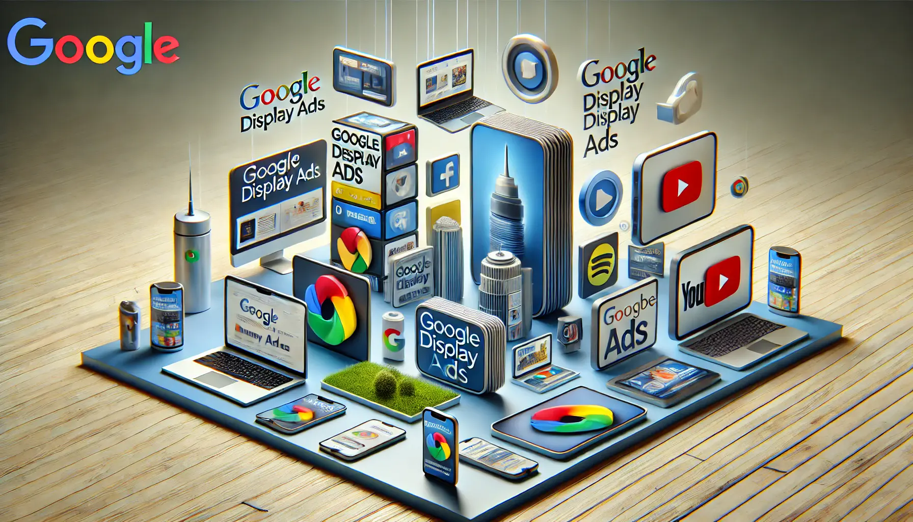 An image showcasing Google Display Ads like banner ads, video ads, and interactive media on devices such as smartphones, tablets, and laptops.