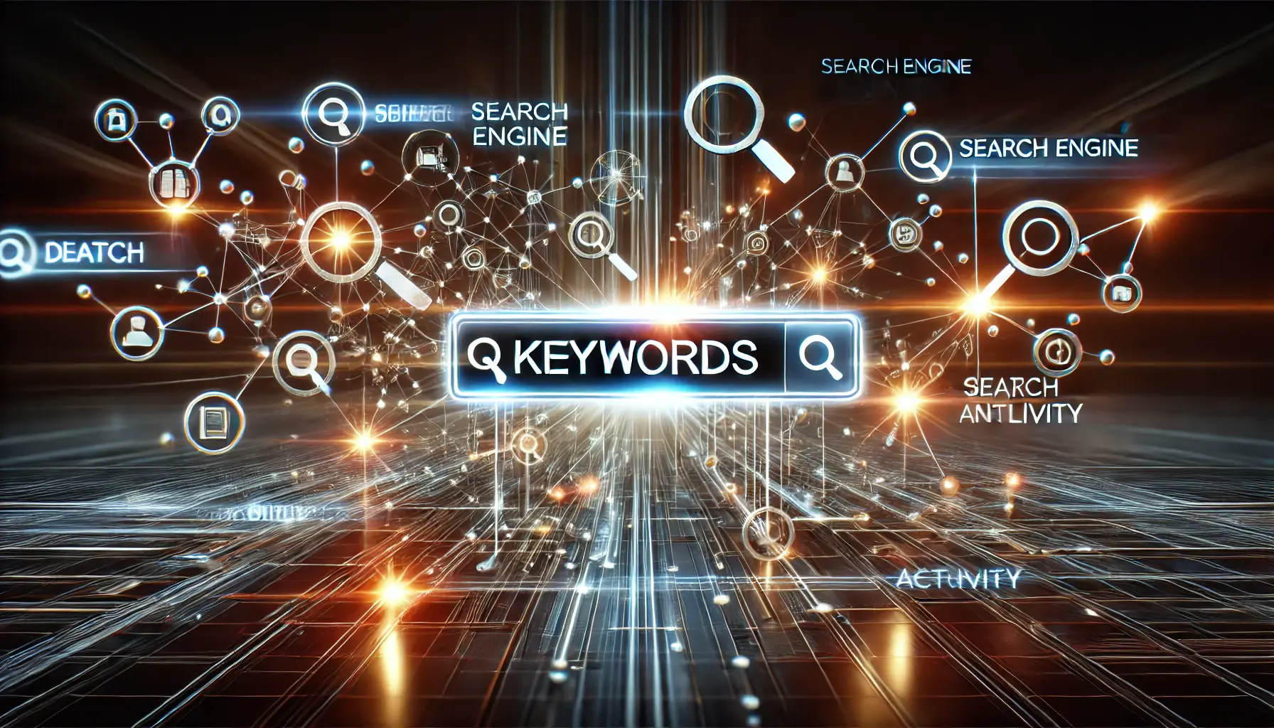 Visual representation of keywords as glowing elements connecting to data nodes, symbolizing their role in search engine activity and ad visibility.