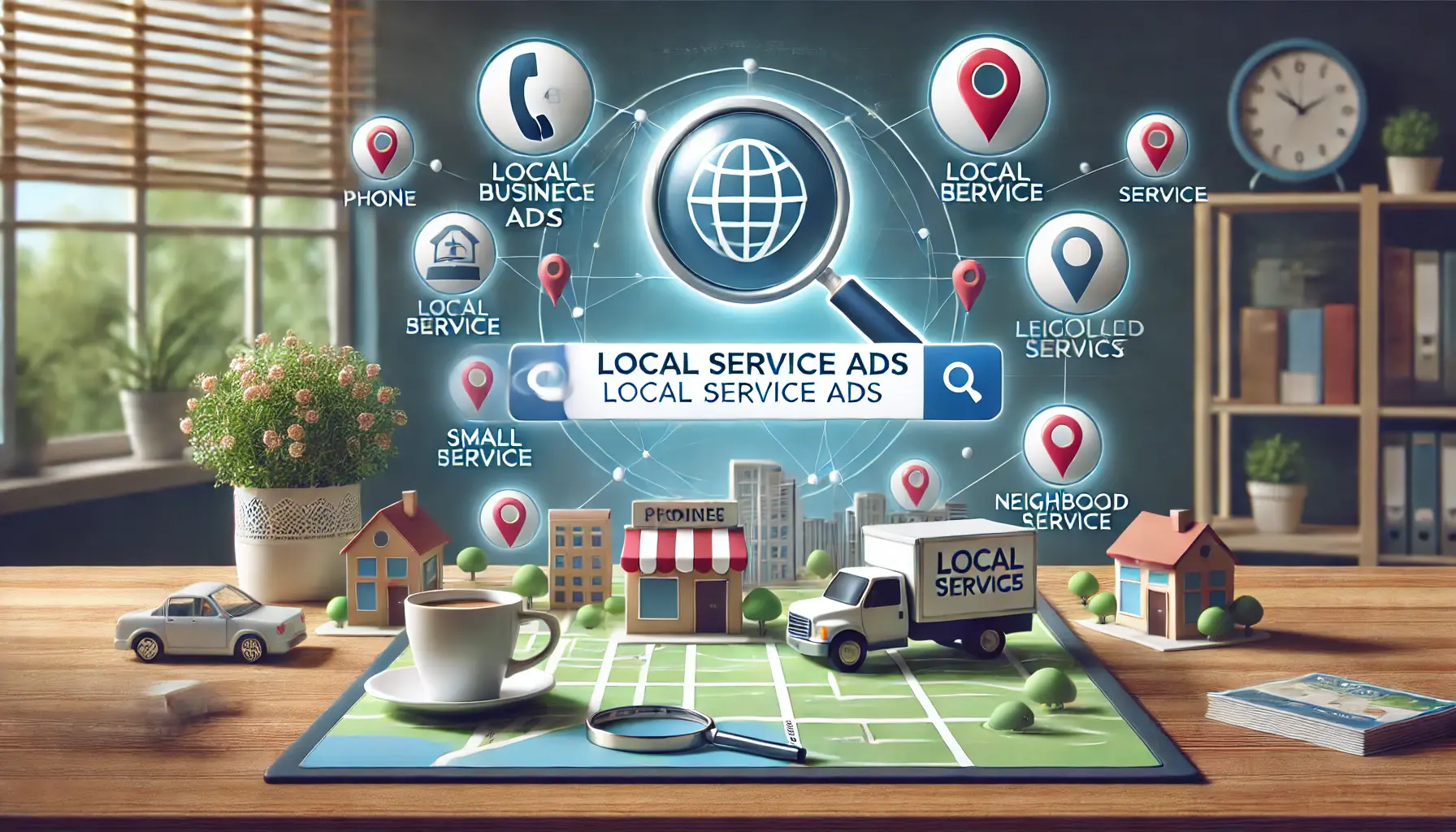 A digital interface showcasing Local Service Ads with local business listings, map pins, and trust badges displayed prominently.