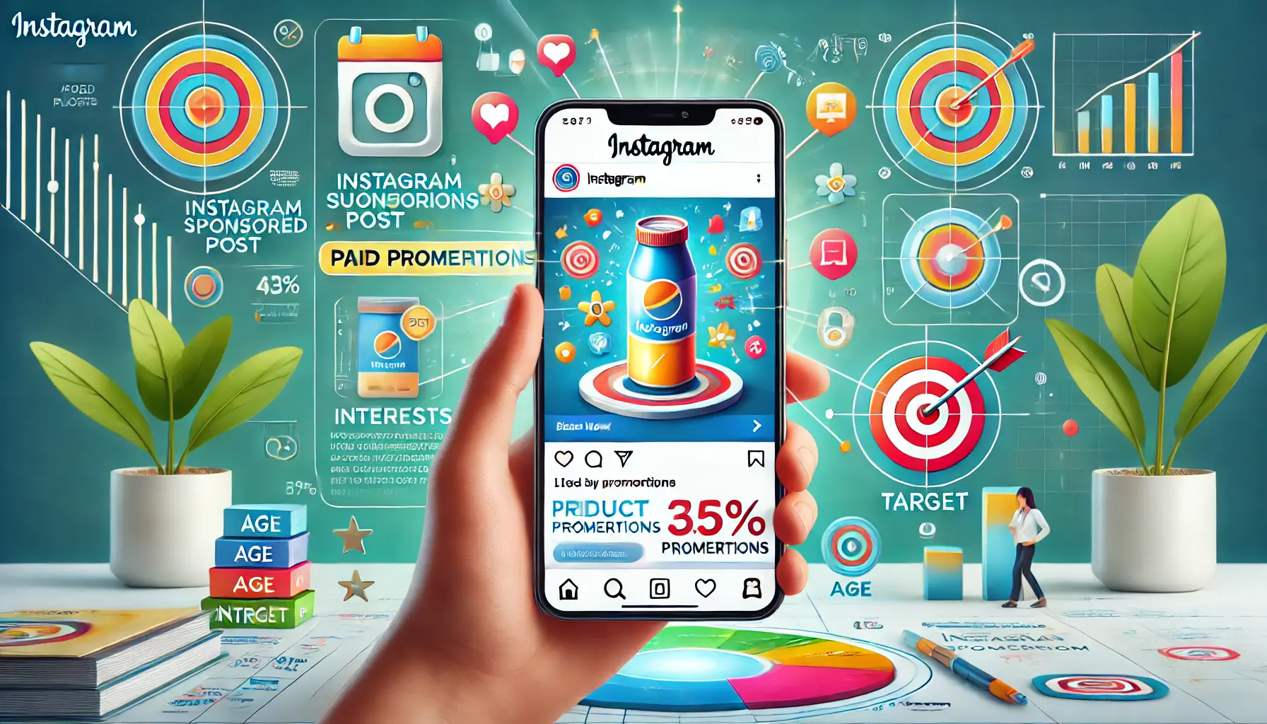 Illustration of a smartphone displaying an Instagram sponsored post with vibrant visuals of a product ad in the feed, surrounded by icons representing user demographics and a target sign.