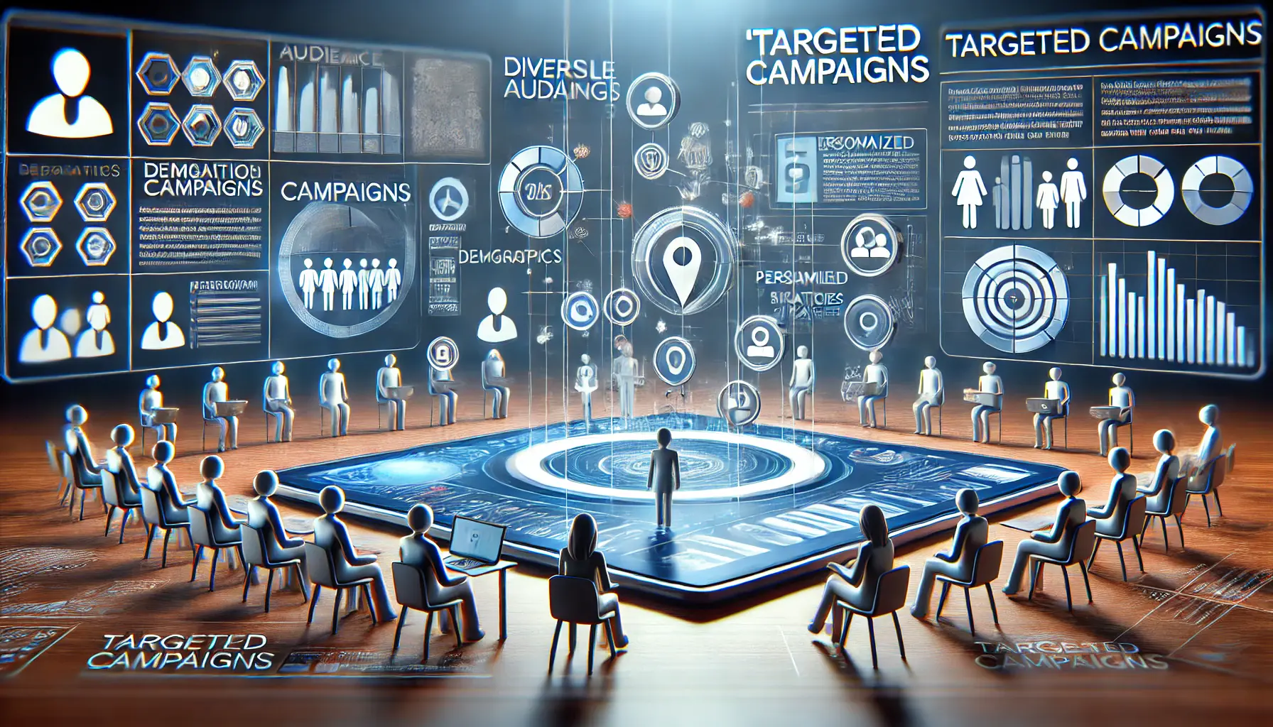 An illustration of targeted campaigns in digital marketing, showcasing audience segmentation with user profiles and data analysis.