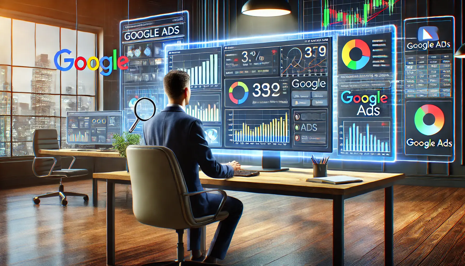 A digital marketing professional analyzing Google Ads metrics and graphs on a computer screen in a modern workspace.