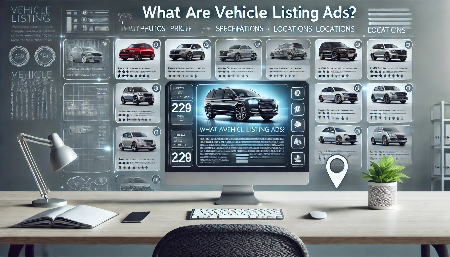 A digital display featuring a grid layout of vehicle ads with car photos, prices, and specifications.