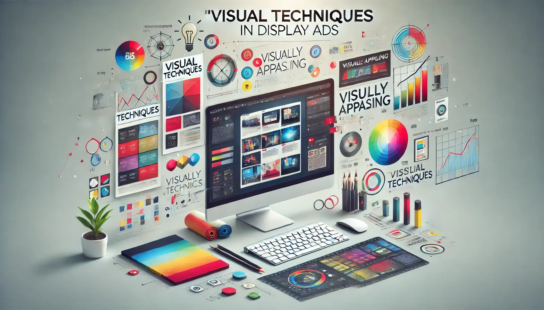 A conceptual image illustrating the use of design elements in display ads, including a computer screen with vibrant layouts, icons for typography and imagery, and a creative abstract background.