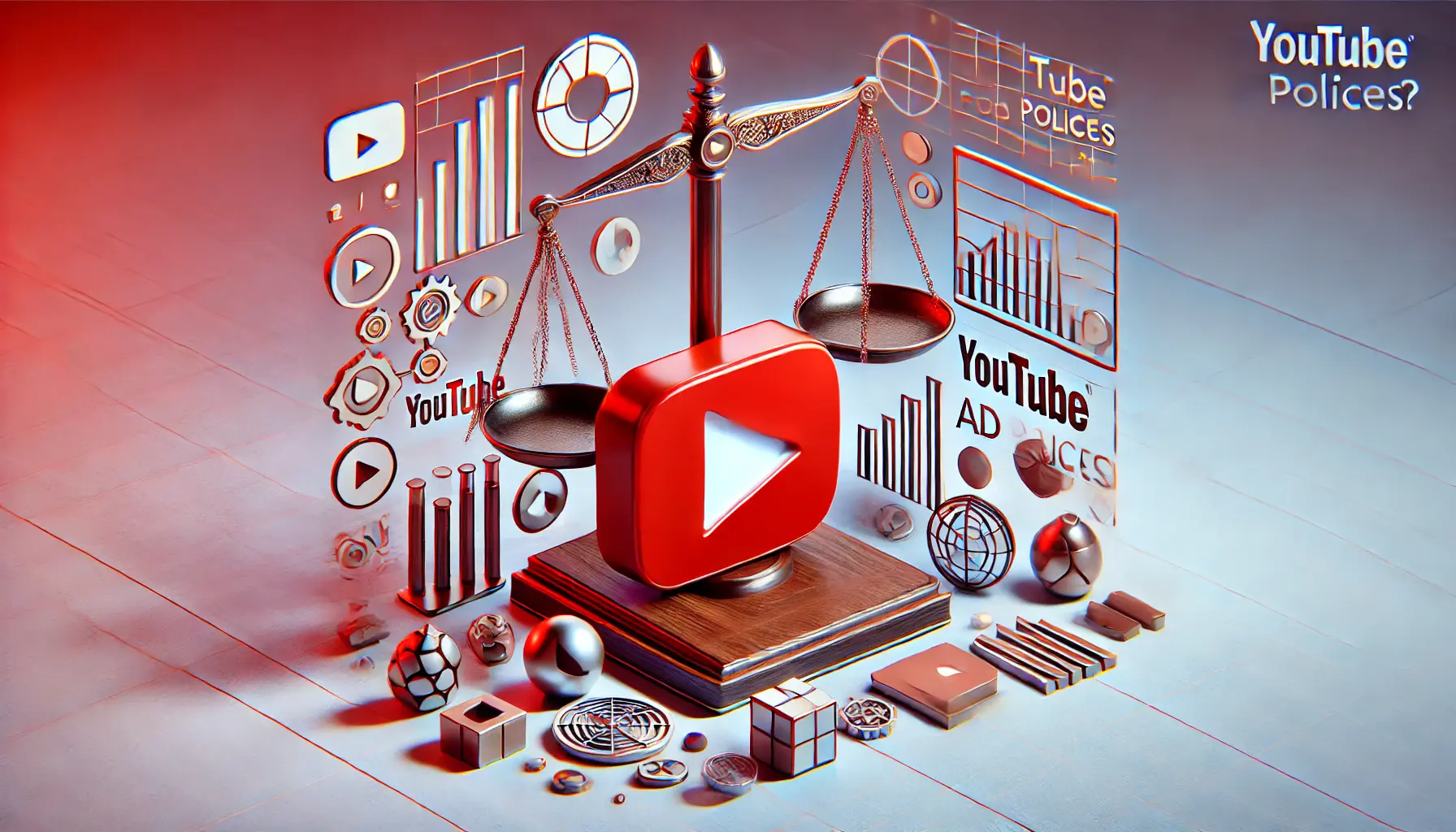 An image illustrating YouTube’s ad policies with a play button, legal scales, and digital ad icons.