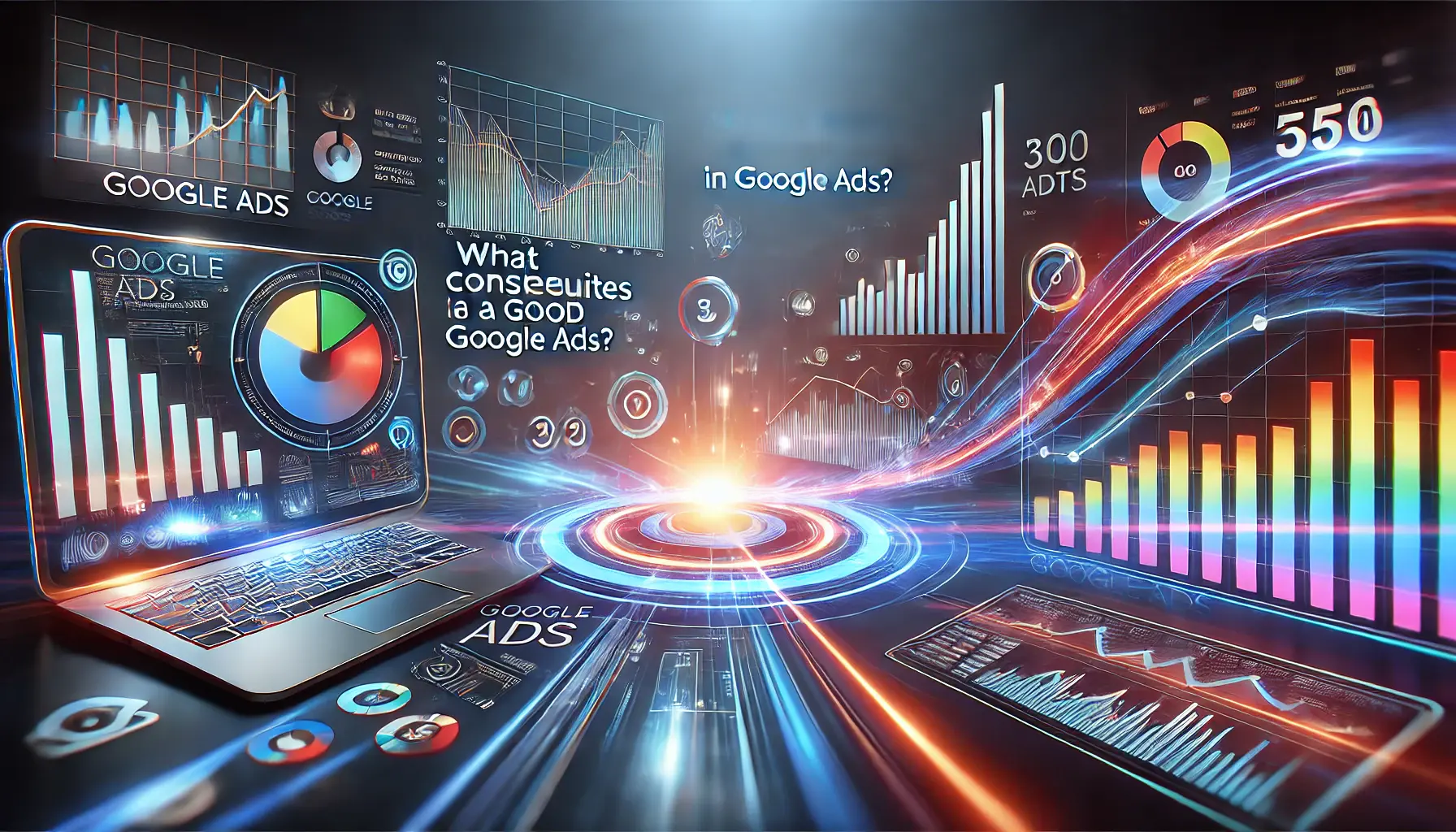 A digital marketing concept showcasing Google Ads metrics and analytics on a futuristic dashboard.