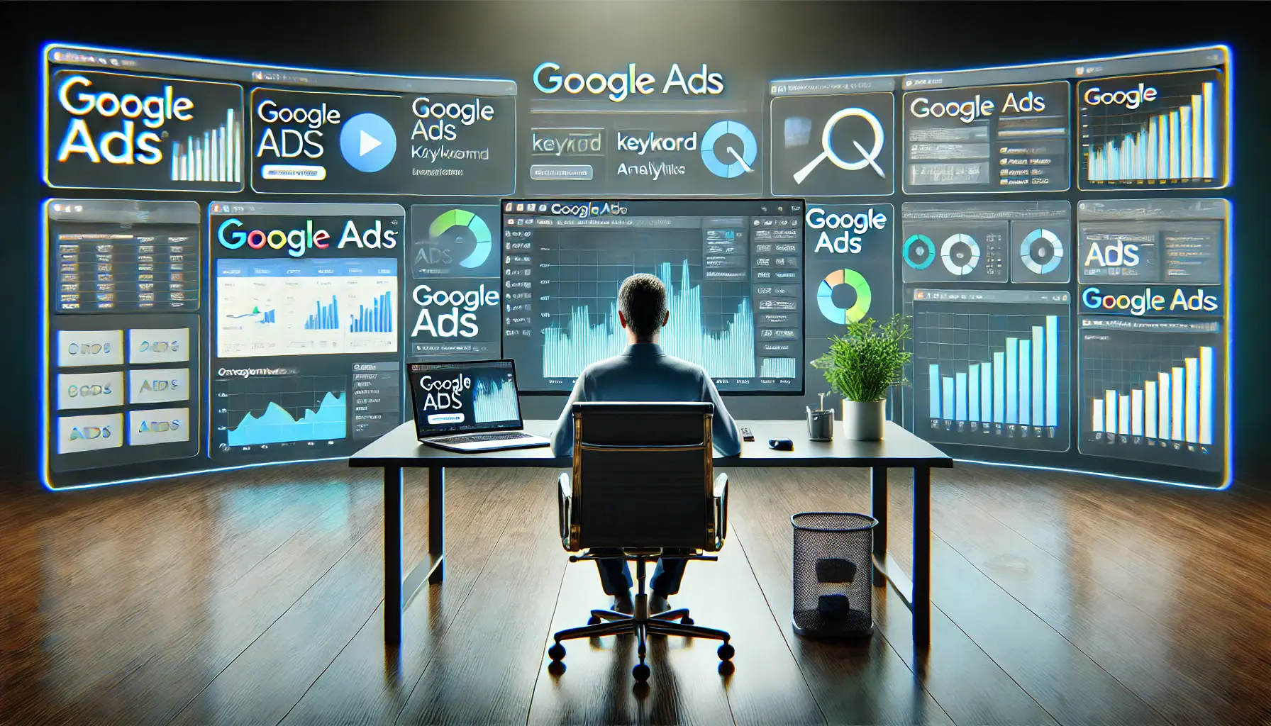 A professional workspace with a person working on a laptop surrounded by multiple screens displaying Google Ads dashboards, analytics, and campaign data.