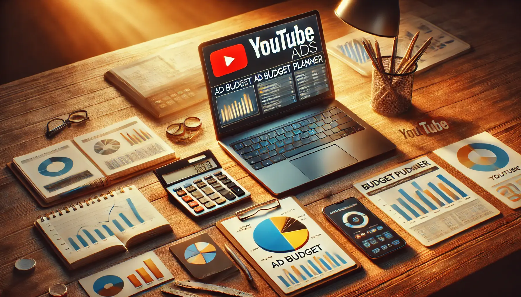 A workspace featuring a laptop with ad budget charts, calculator, smartphone, and notebook, symbolizing YouTube ad campaign budgeting.