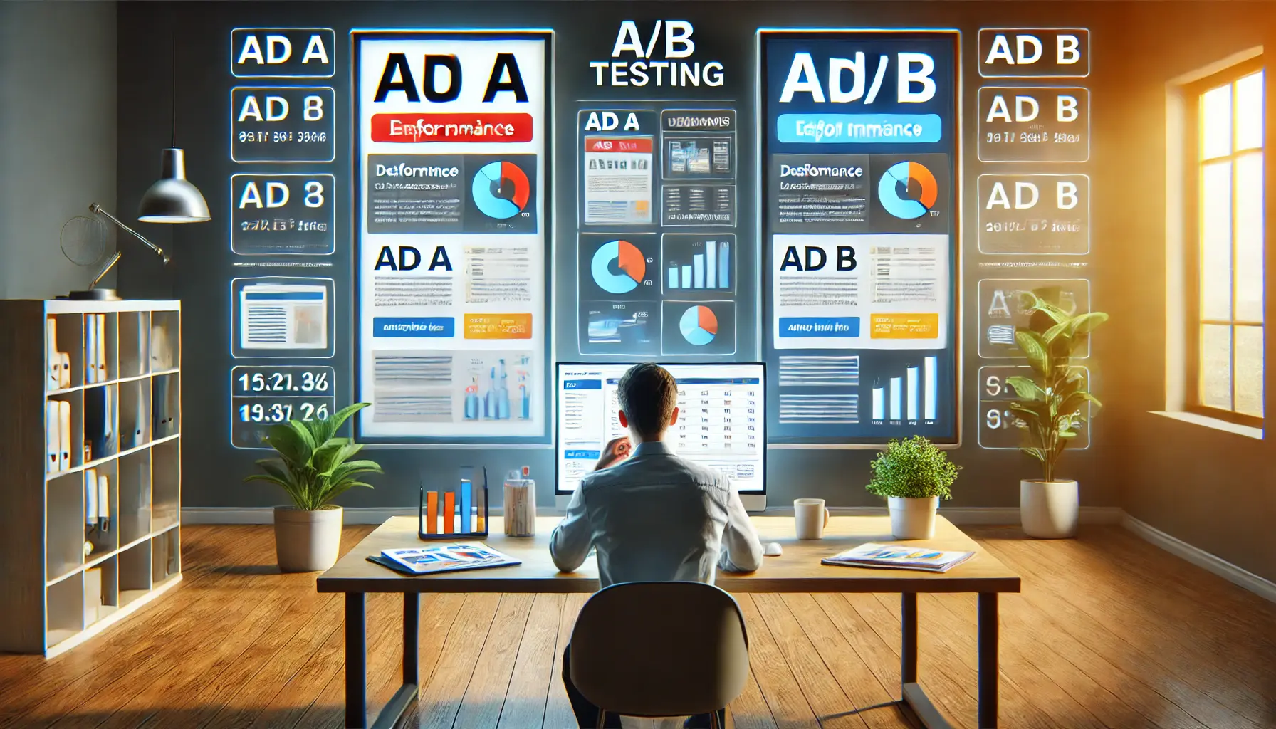 A digital marketer analyzing two versions of a display ad, labeled 'Ad A' and 'Ad B,' to compare their performance in A/B testing.