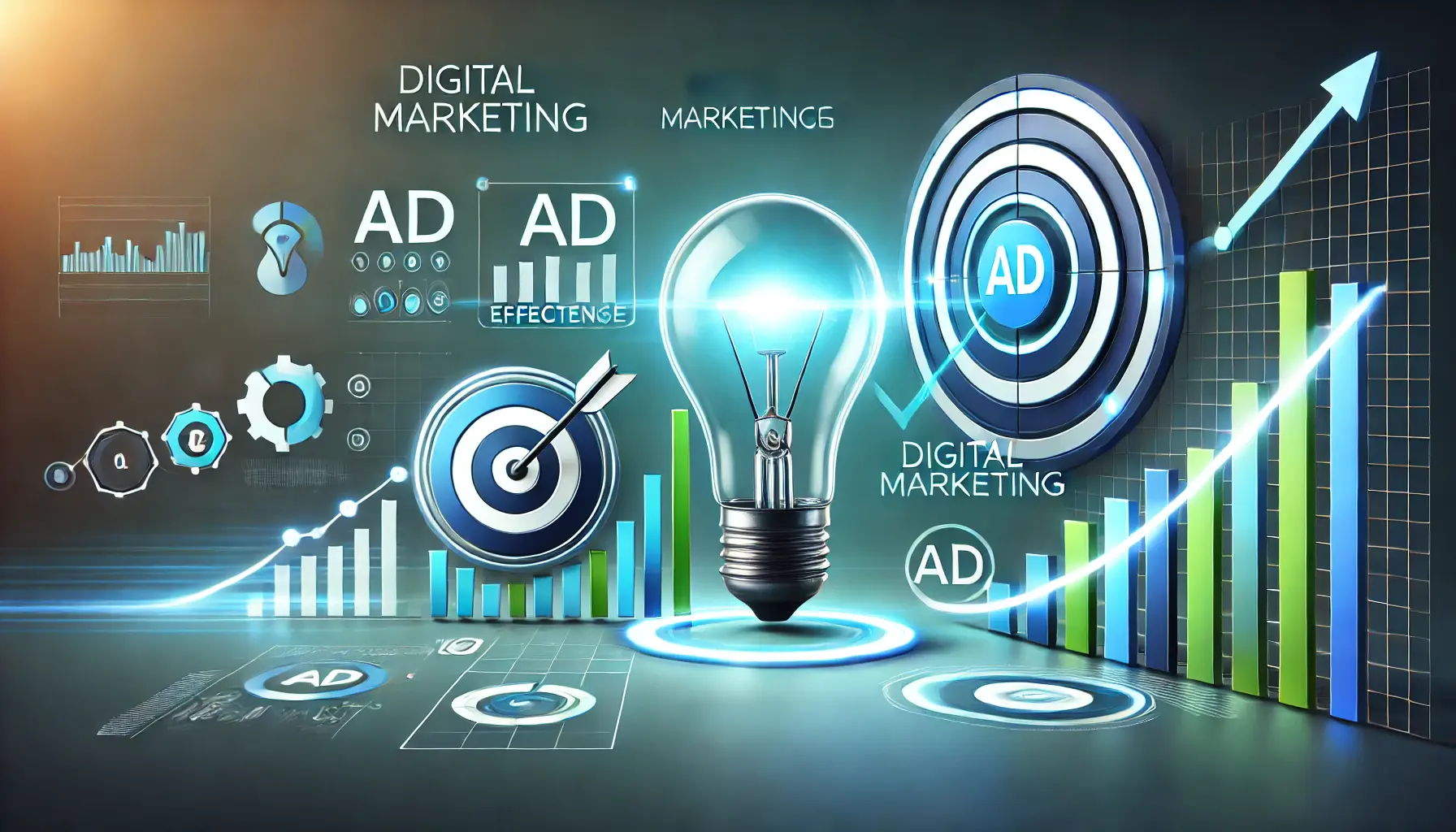 Conceptual illustration with a glowing light bulb, a target icon, and graphical charts symbolizing ad effectiveness and performance measurement.