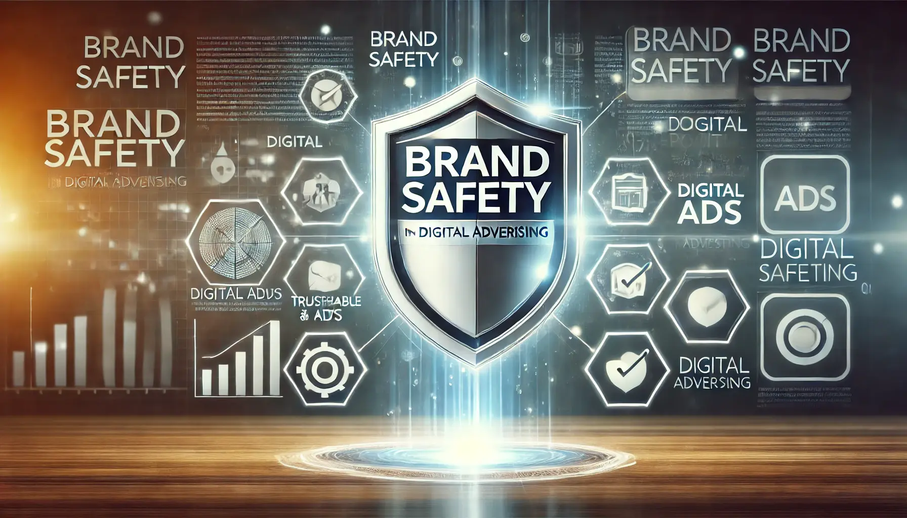 A visual representation of brand safety in digital advertising, with a shield icon symbolizing protection and digital ads shown in positive, trustworthy environments.