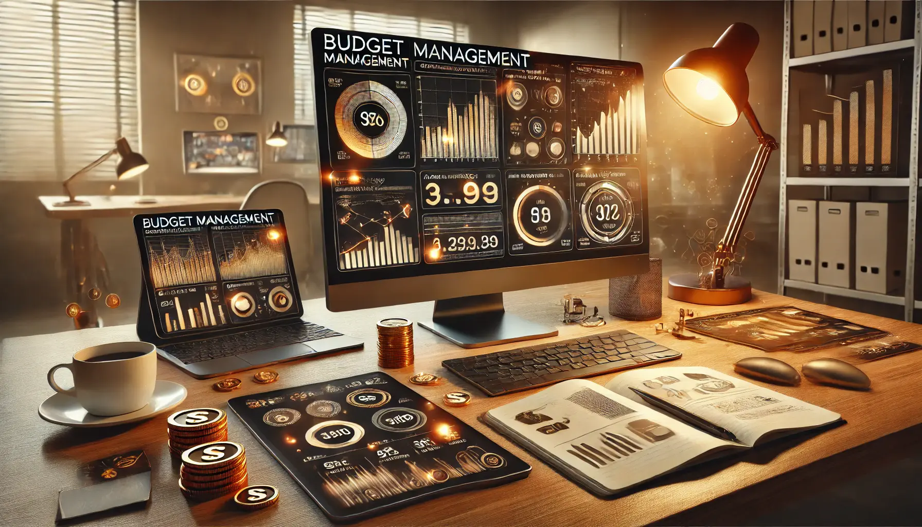 A professional workspace showcasing a digital dashboard with analytics and marketing tools, symbolizing budget management in display advertising.