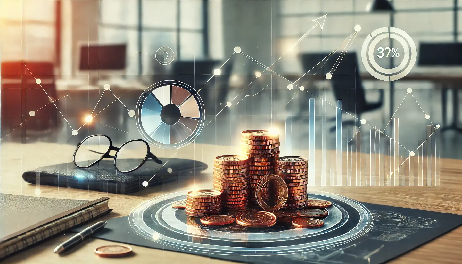 A conceptual image symbolizing budget optimization with a rising graph, pie chart, and coins on a table in a modern office setting.