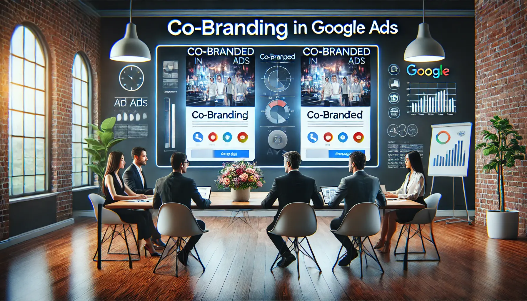 Representatives from two brands collaborating in a modern workspace with a digital screen displaying co-branded ad mockups and metrics.