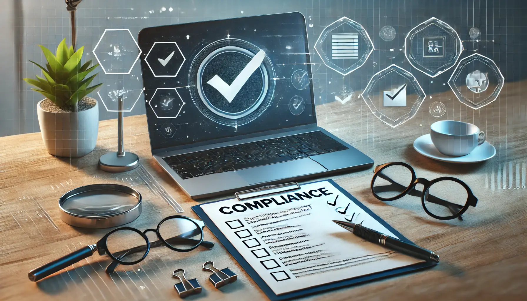 A professional desk setup with a laptop displaying a compliance checklist, surrounded by a magnifying glass, glasses, pen, and a document with a checkmark.