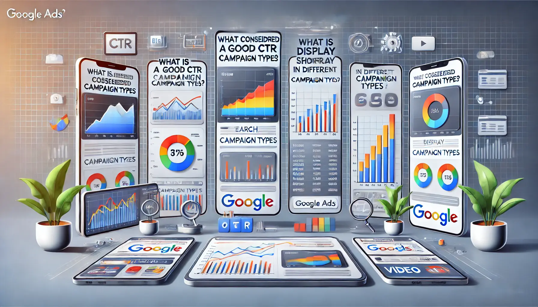 A digital dashboard comparing CTR benchmarks across various campaign types like search, display, and video ads.