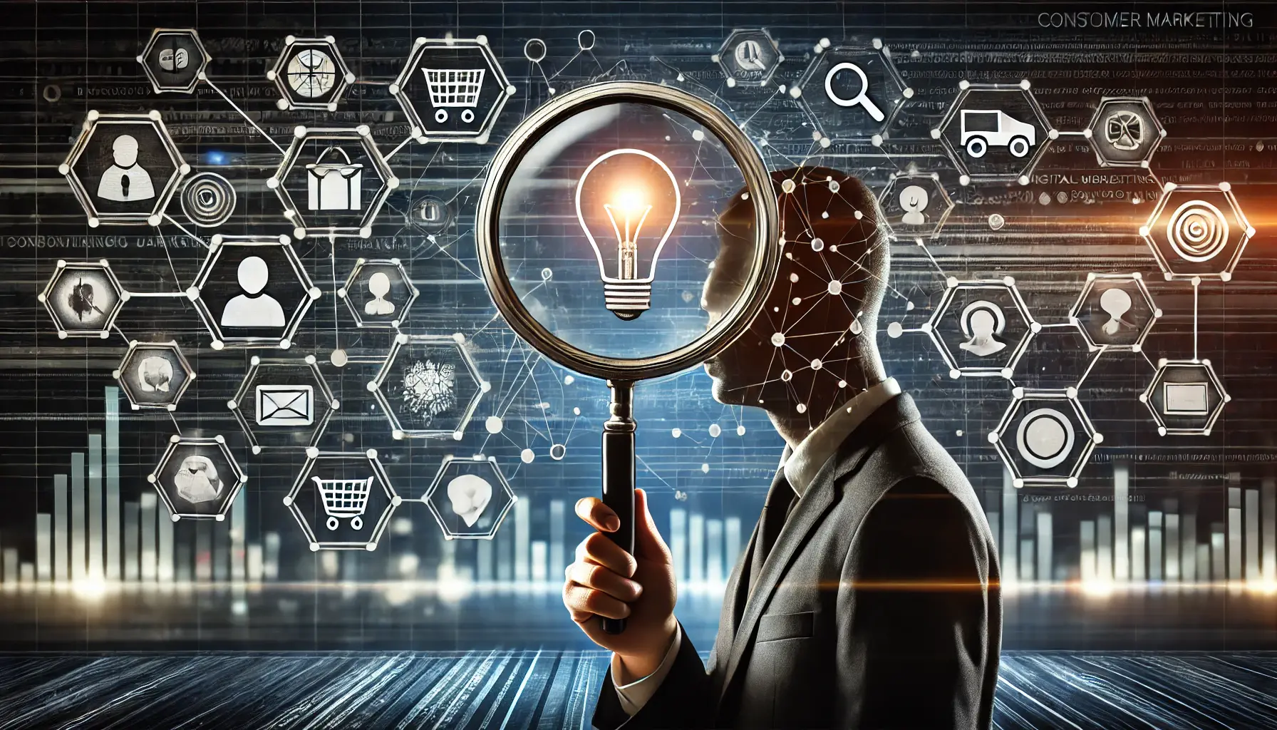 Abstract image illustrating the concept of consumer intent with symbolic elements like a magnifying glass, connections, and a human silhouette with a lightbulb.