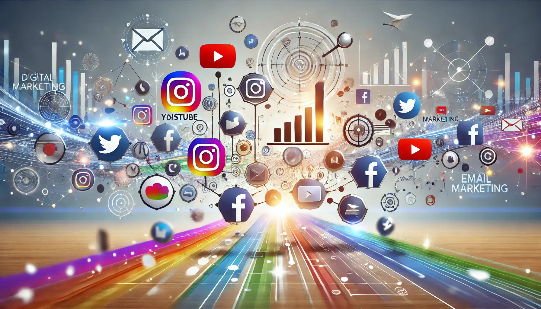 An illustration showing vibrant connections between platforms like YouTube, Instagram, Facebook, and email marketing, representing the concept of cross-promotion.