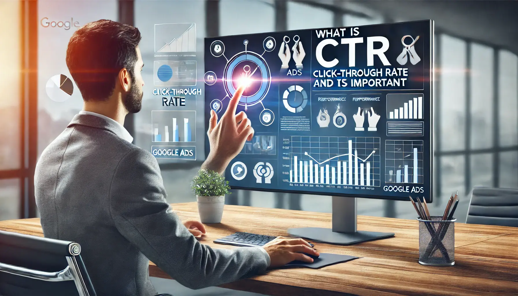 A digital marketing professional analyzing CTR metrics with graphs and performance analytics on a screen.