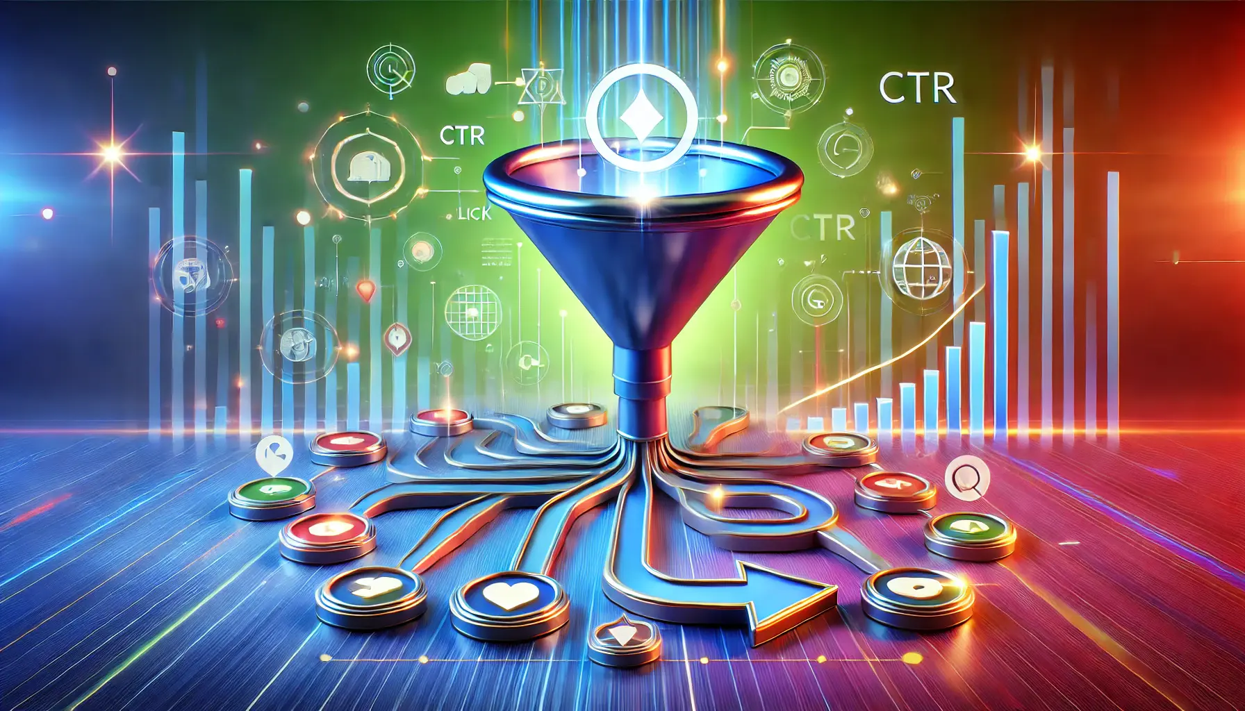 Funnel graphic showing website traffic flow to a click indicator, representing the importance of CTR in digital marketing.