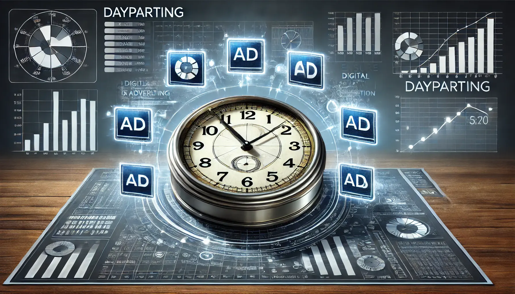 An image depicting a clock with time segments for dayparting, surrounded by digital ad icons and data charts to illustrate strategic ad scheduling.