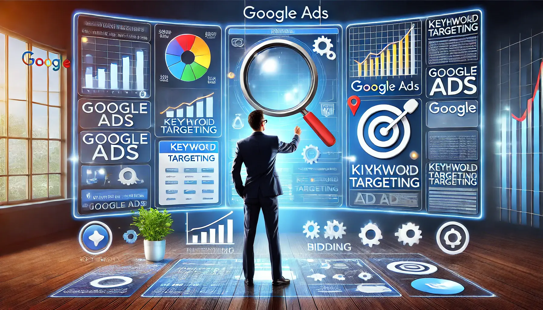 A businessperson analyzing a vibrant digital dashboard displaying graphs, charts, and keyword metrics, surrounded by icons symbolizing Google Ads functionalities.