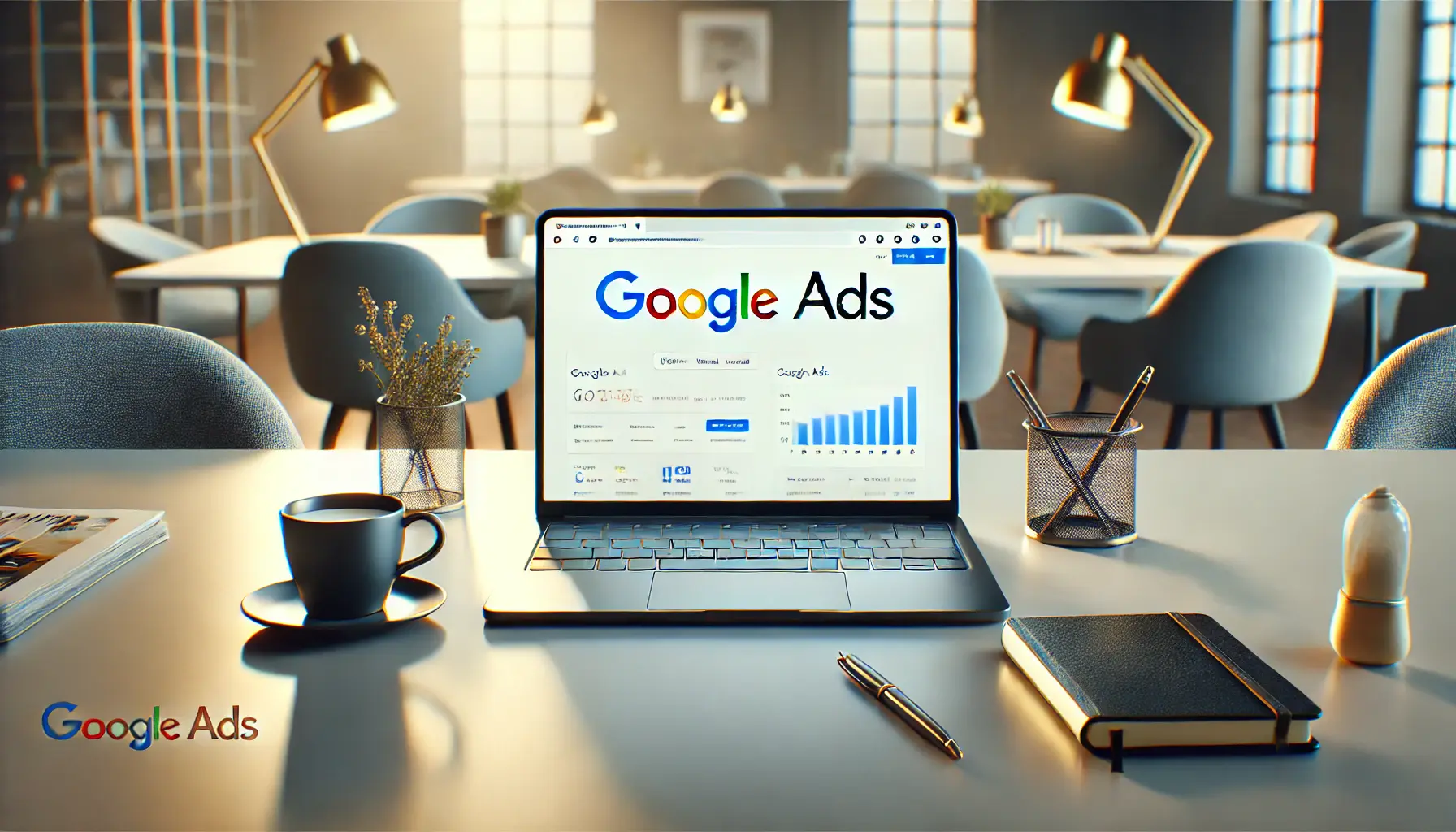 A modern desk with a laptop displaying the Google Ads dashboard, surrounded by business-related items like a notebook, pen, and coffee cup, with a professional office background.