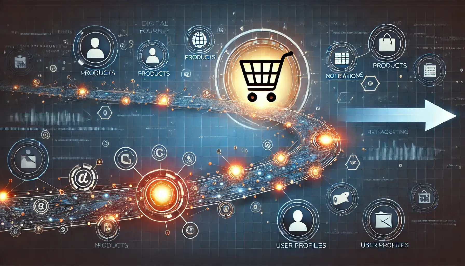 Visual representation of the retargeting process with a user journey leading to a glowing shopping cart.