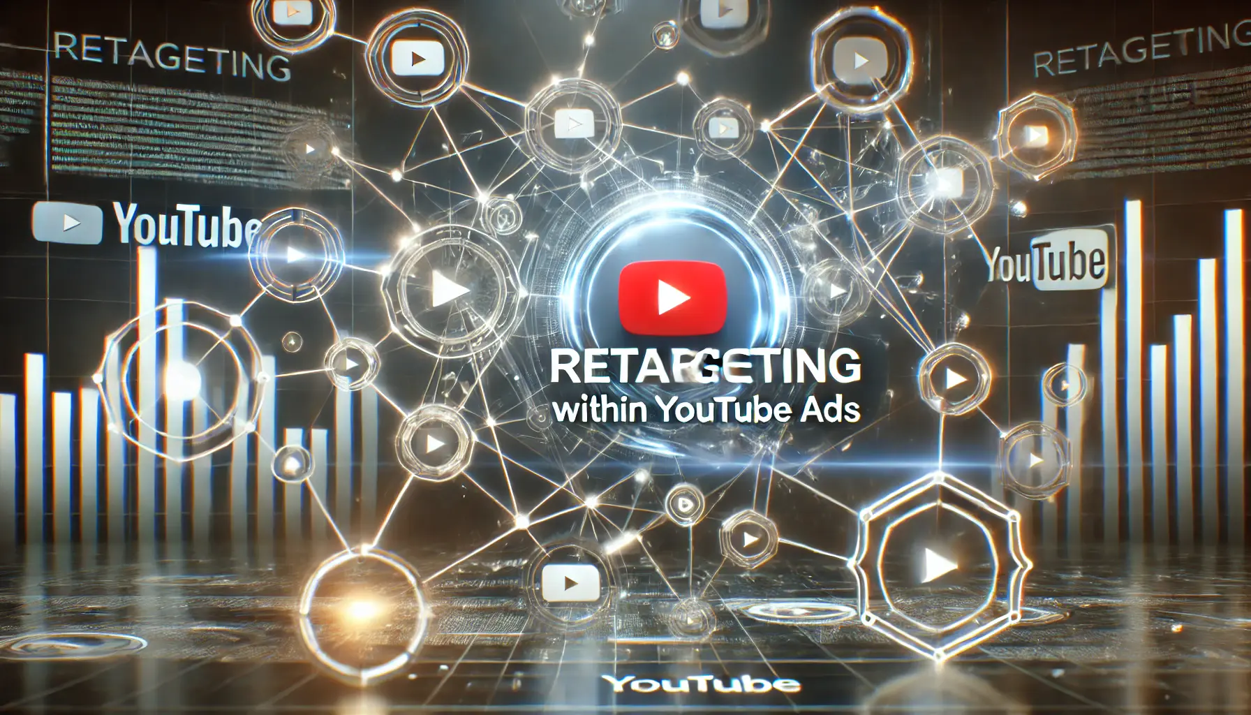 A digital visualization of retargeting in YouTube Ads, showing interconnected nodes symbolizing user interactions and retargeting connections, with abstract video thumbnails.