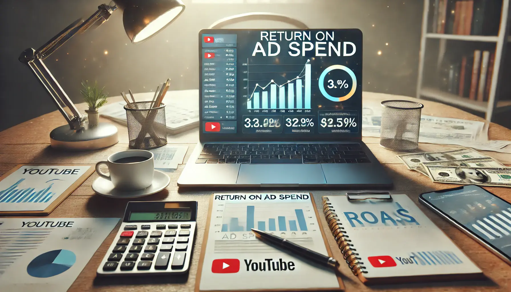 A professional workspace with a laptop displaying a graph tracking ad spend and revenue, a financial calculator, and a notepad, symbolizing the concept of Return on Ad Spend (ROAS).