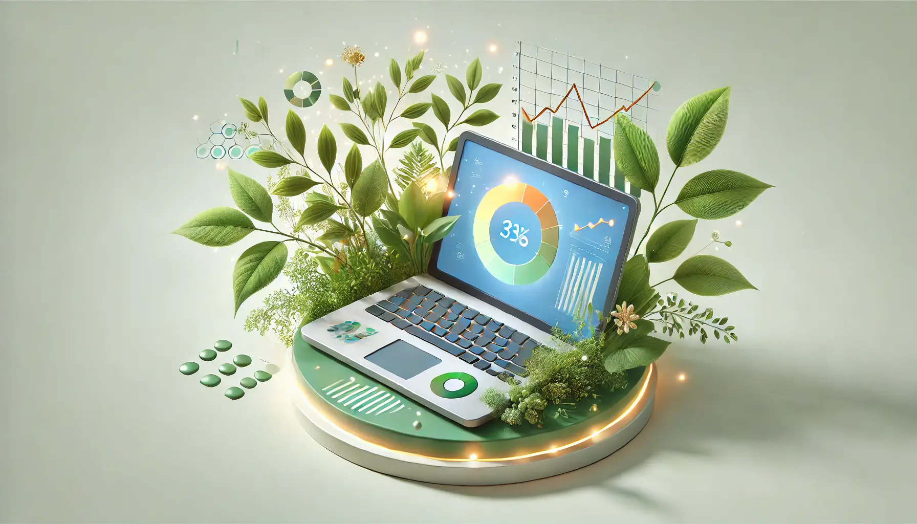 Illustration depicting sustainability in digital advertising, with a laptop surrounded by green leaves and a plant symbolizing eco-conscious practices.