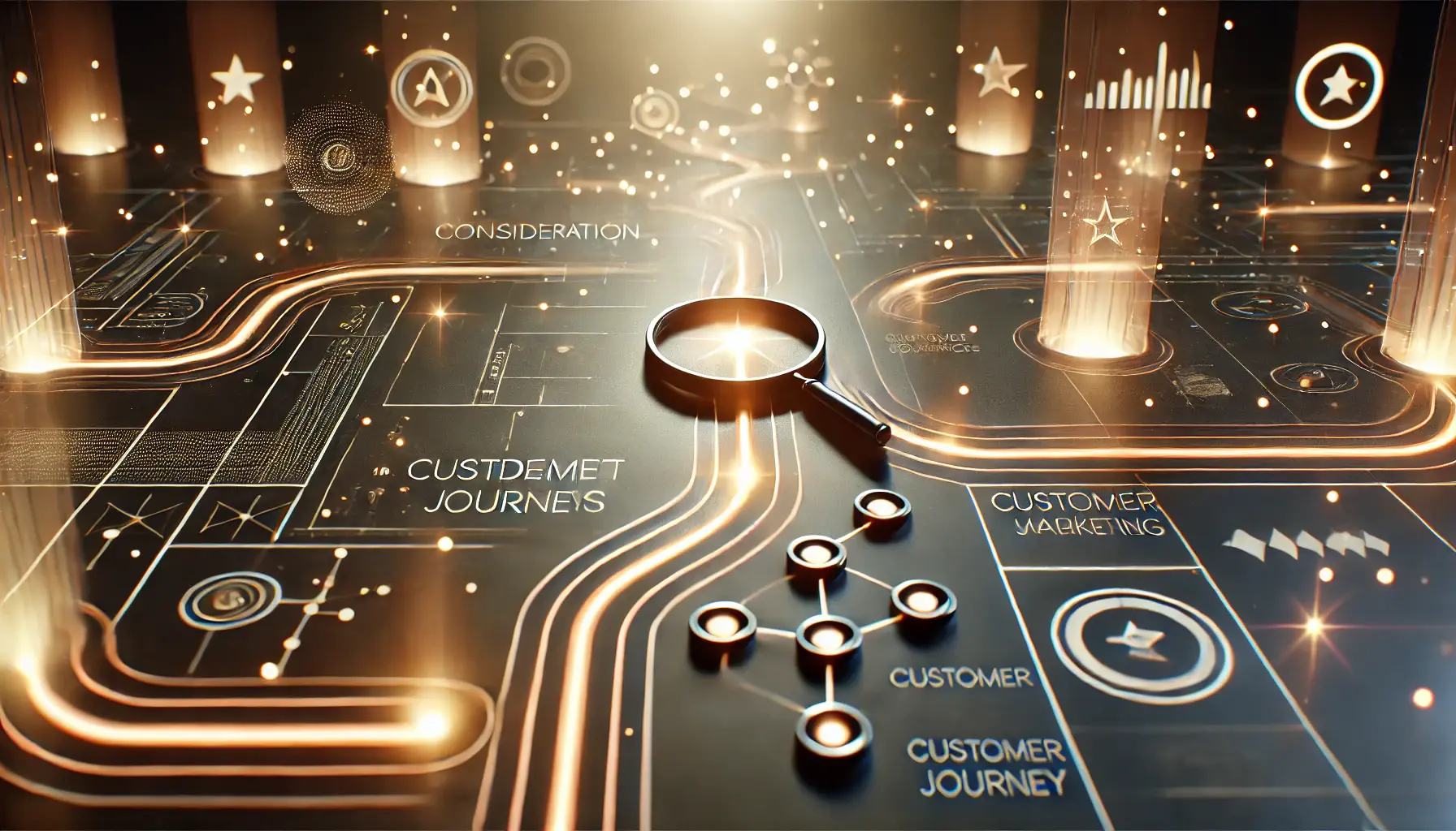 Abstract depiction of the consideration phase with intersecting pathways and glowing dots symbolizing customer choices.