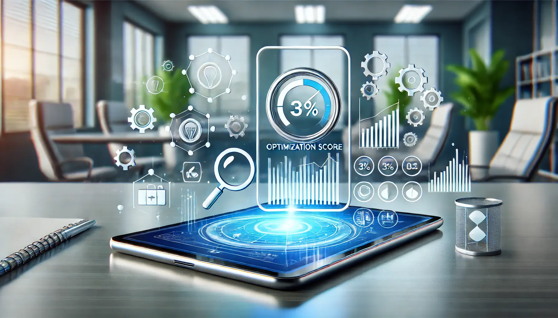 A digital tablet displaying a performance dashboard with a graph and optimization gauge, surrounded by abstract icons symbolizing analysis and improvement.