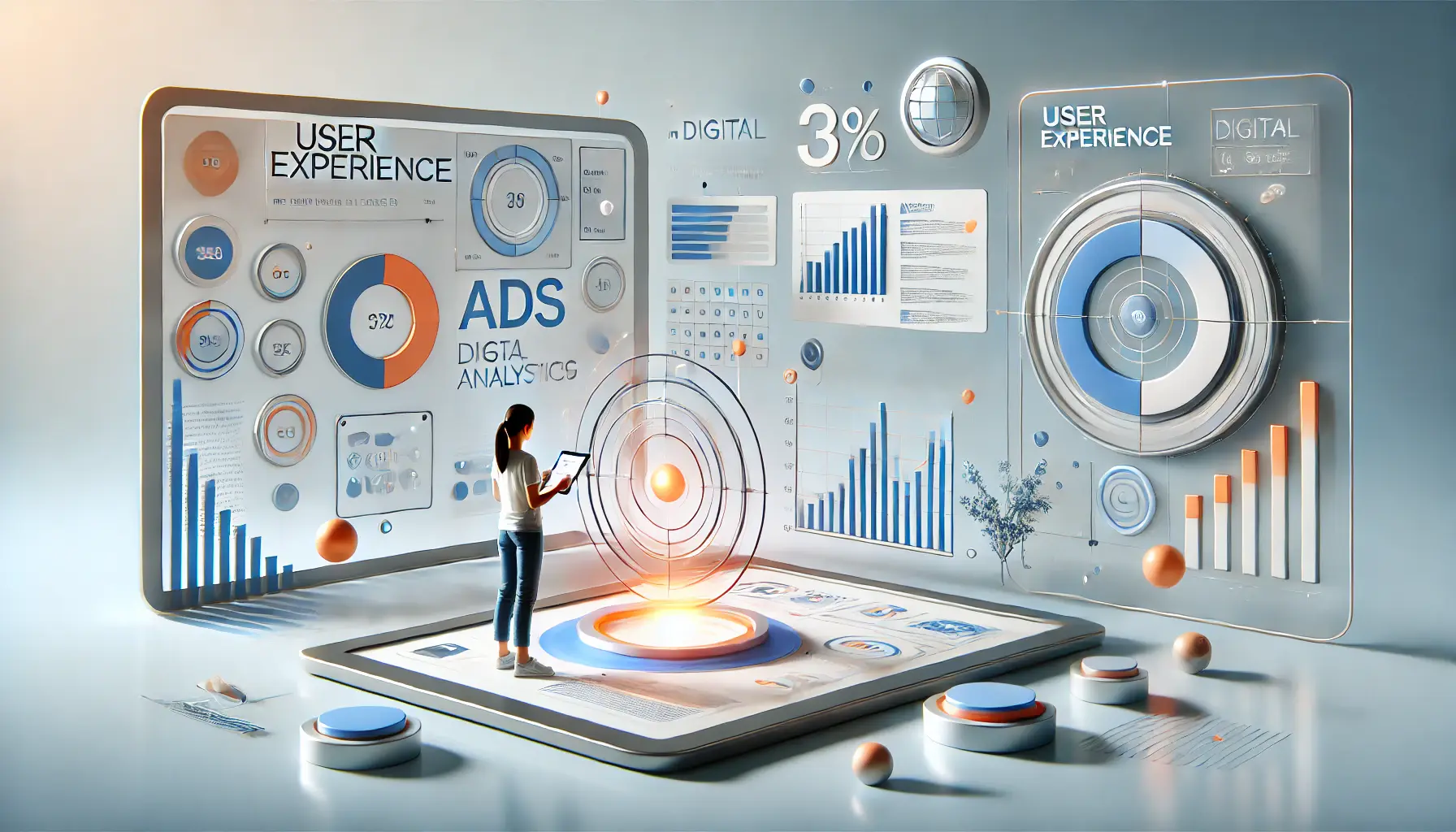 Conceptual image of a person interacting with a tablet showing ads and data analytics visuals, surrounded by smooth geometric patterns and soft lighting.