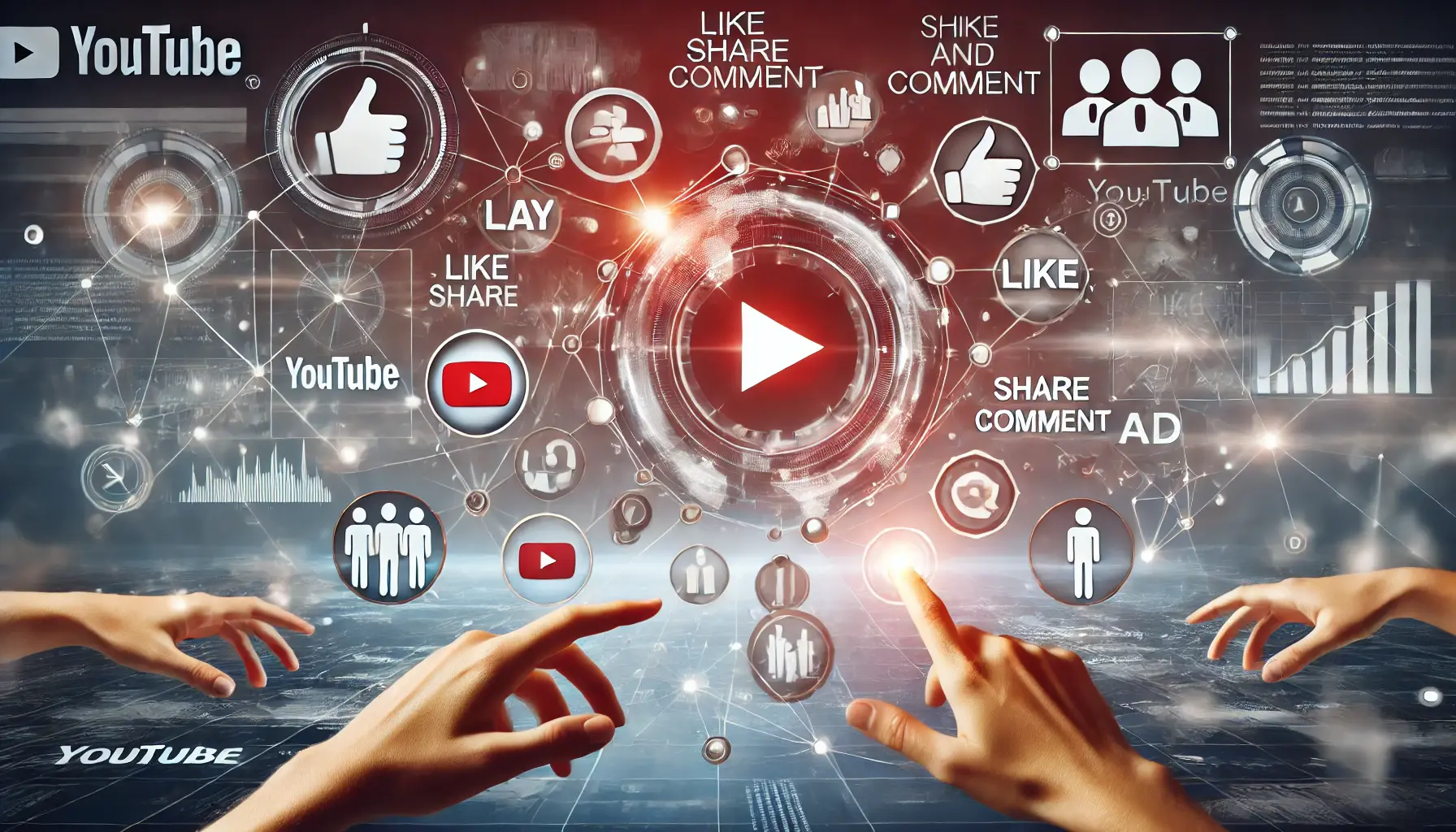 An illustration of digital engagement with a glowing play button, icons like like and share, and analytics representing viewer interaction.