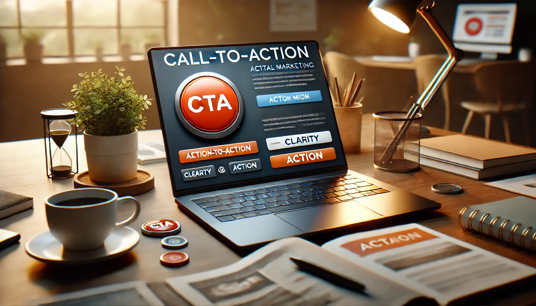 A digital marketing workspace with a laptop displaying a vibrant call-to-action button surrounded by a clean and professional website layout.