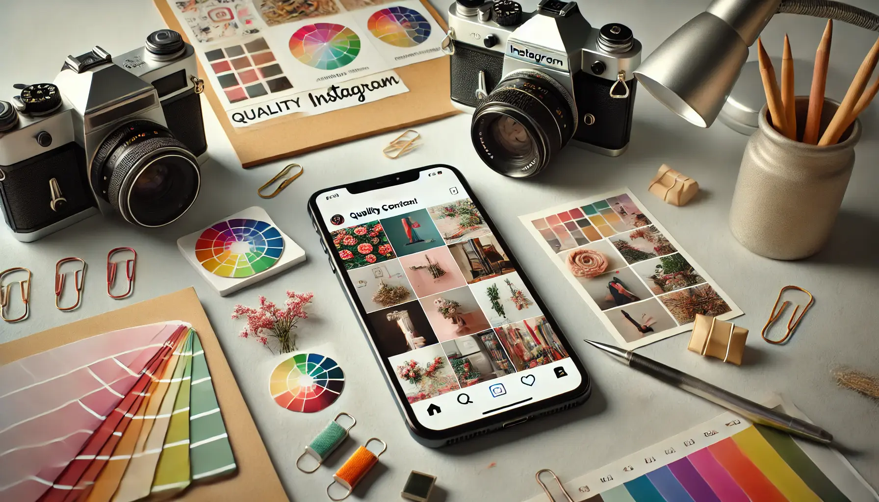 A smartphone displaying an Instagram feed with vibrant posts, surrounded by creative tools like a camera, mood board, and color swatches on a modern workspace.