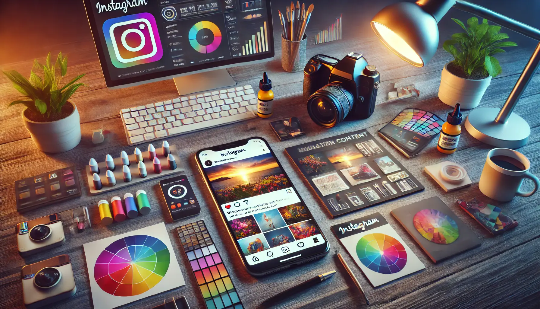 A smartphone displaying a vibrant Instagram ad surrounded by a DSLR camera, color palette, mood board, and a tablet with analytics, symbolizing the essentials of quality content creation.