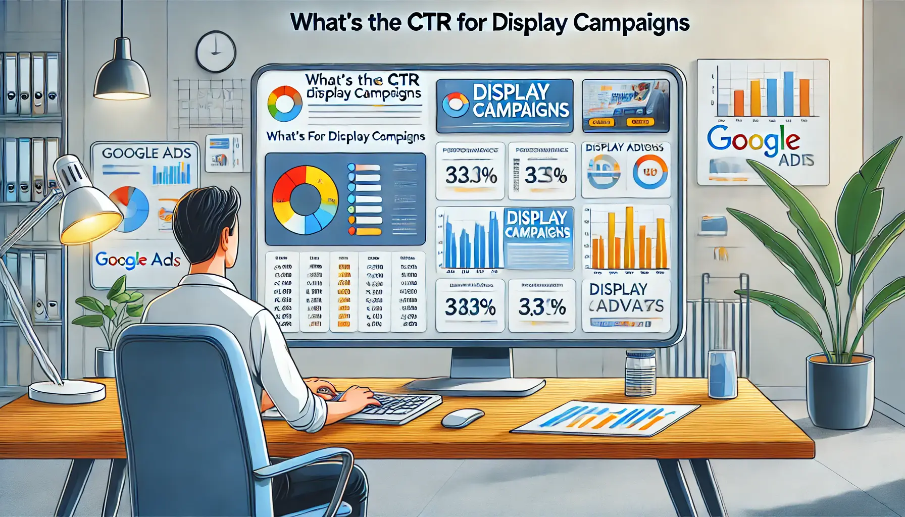 A marketer analyzing display ad performance with visuals of banner ads and heatmap data.