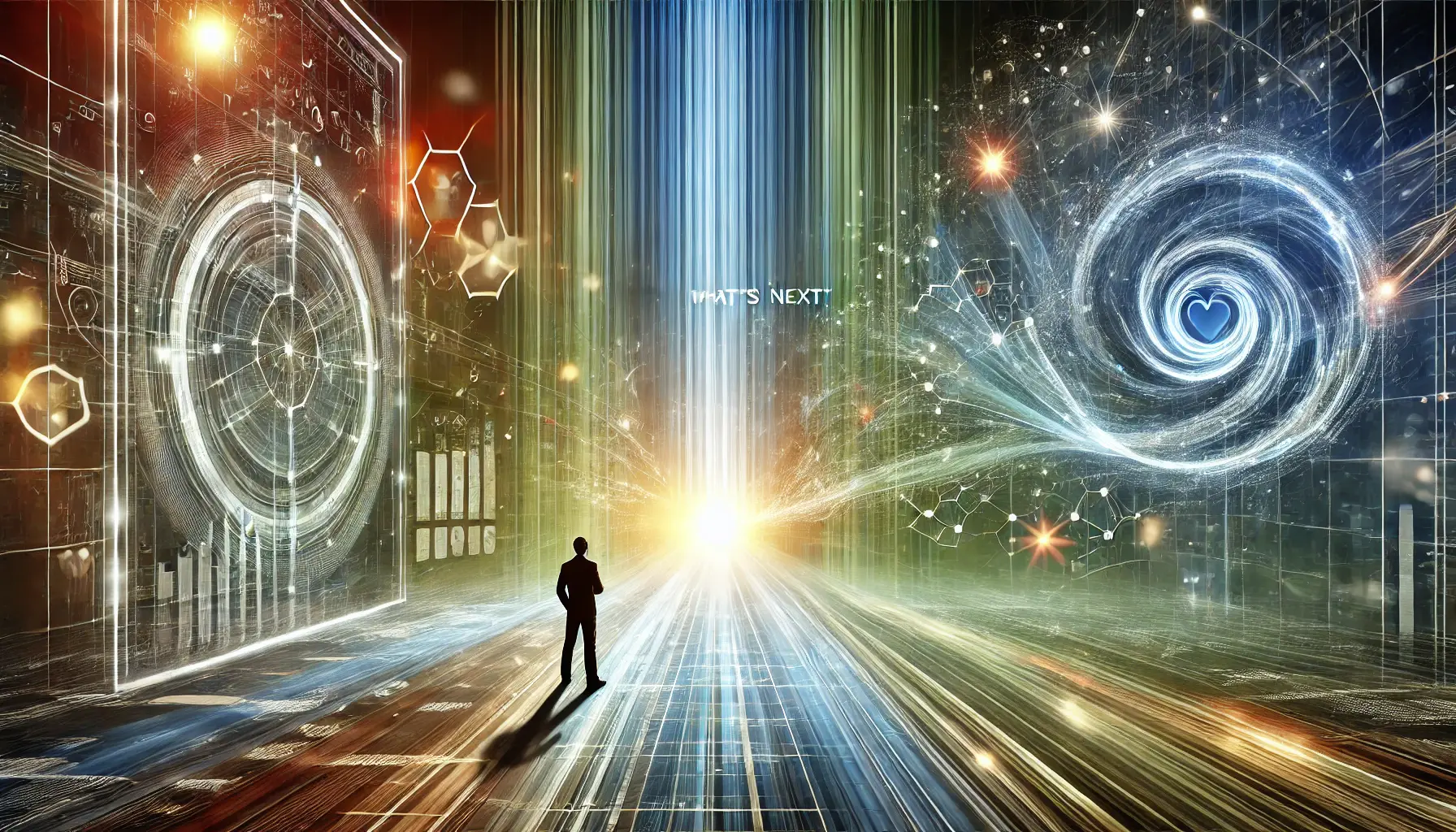 An image representing the concept of 'What’s Next' in digital advertising, with a digital marketer looking towards a futuristic path with glowing lines and data flows.